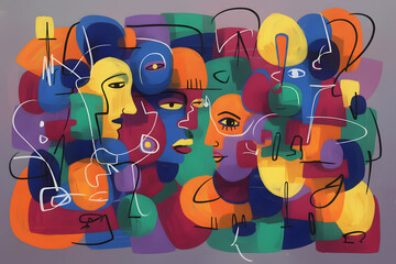 Abstract composition of colorful cubist-style human faces and geometric shapes on a soft purple background, expressing emotion and diversity