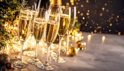 Champagne flutes with sparkling wine and golden bokeh lights for a festive holiday celebration