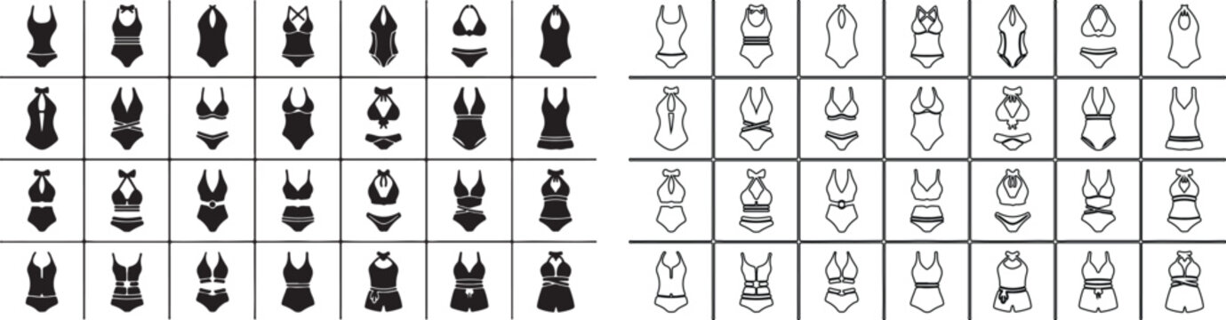Swimwear Icons Set, Swimsuit and Bikini Glyph and Outline Style Vector Collection isolated PNG with Transparent Background