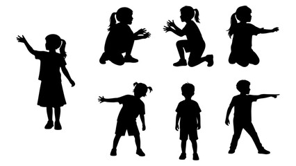Obraz premium Children playing silhouettes set. Little boys and girls sitting, kneeling, pointing, and reaching out. Black vector illustration of active kids.