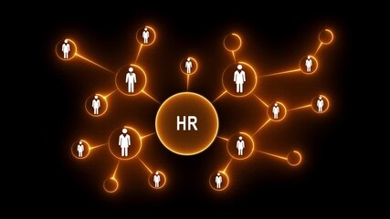 HR Human Resources Network Connection Diagram, Glowing Orange Neon People Icons on Black Background