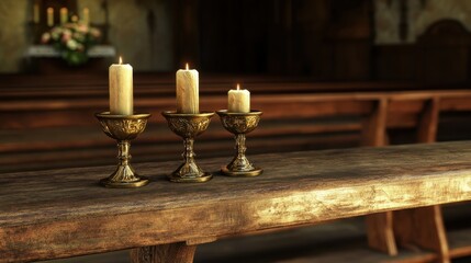 Three Lit Candles in Ornate Gold Holders on a Rustic Wooden Church Pew