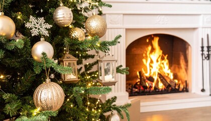 Festive Christmas Tree Decorated with Gold Ornaments and Lights Beside a Cozy Fireplace
