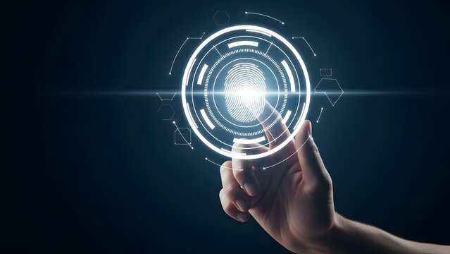 Biometric Fingerprint Interface Touched by Hand in Futuristic Security Technology - Powered by Adobe