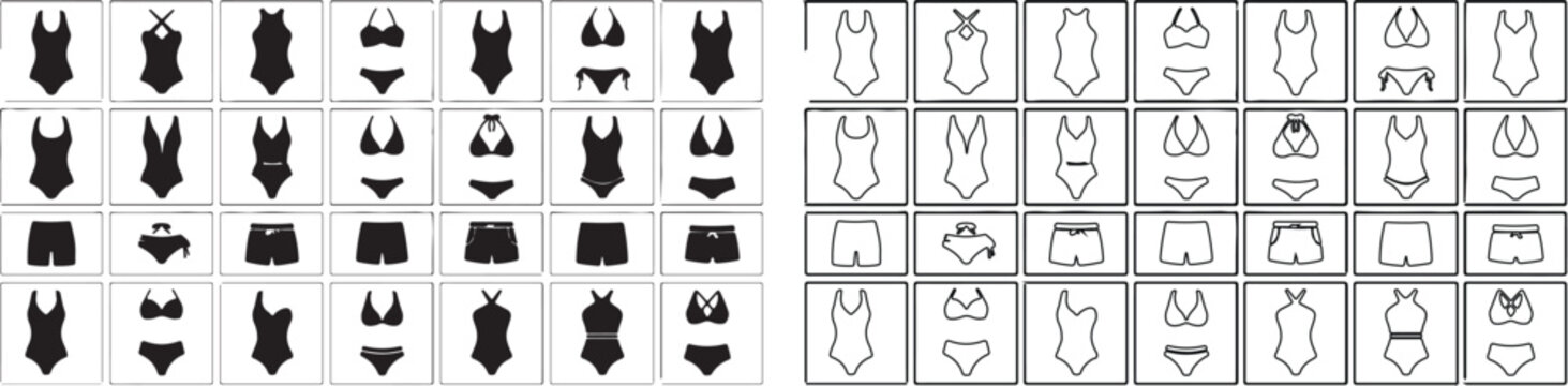 Set of Swimwear Icons with Solid and Outline Styles, Vector Illustration isolated PNG with Transparent Background