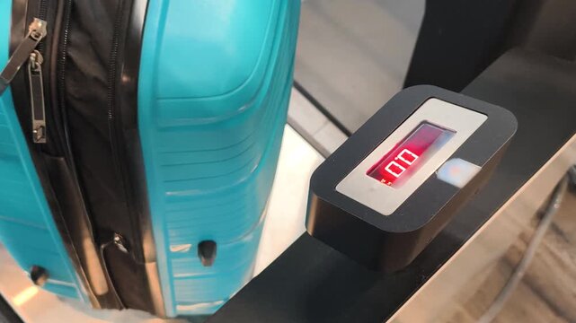 Automated Luggage System works in modern terminal. This Automated Luggage System measures weight of blue suitcase fast. High tech Automated Luggage System is part of airport logistics.