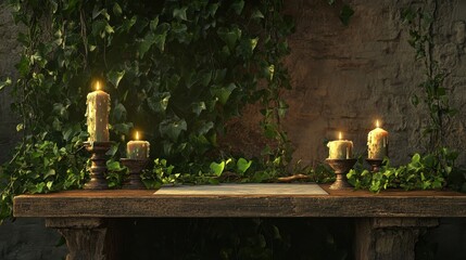 Lit Candles on a Rustic Wooden Table with Lush Green Ivy