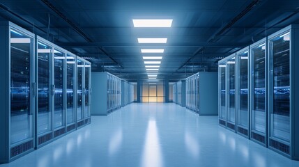 Modern data center interior with rows of server racks and empty corridor, symmetrical perspective and overhead lighting, suitable for technology, cloud computing, and infrastructure concepts.