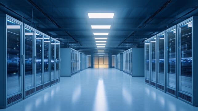 Modern data center interior with rows of server racks and empty corridor, symmetrical perspective and overhead lighting, suitable for technology, cloud computing, and infrastructure concepts. - Powered by Adobe