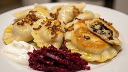 Delicious Polish Pierogi with Mushroom Filling and Beetroot Salad