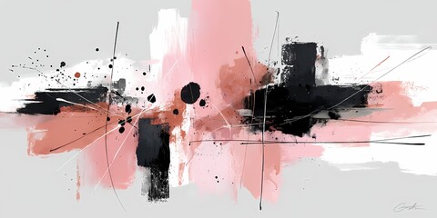 Abstract painting with black geometric shapes and pink peach splashes on a white canvas