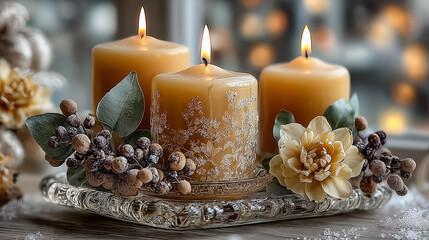 Glowing candles arranged with elegant decorative elements - ai generative