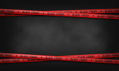 Black Friday banner with red tape ribbons. Promotion sale poster. Vector illustration.