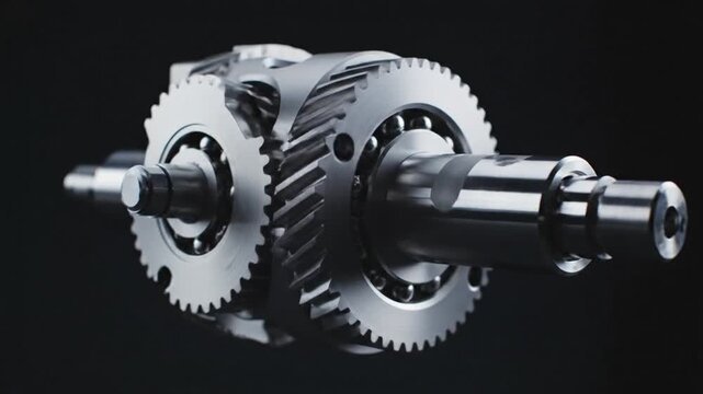 Precision metal gears, shafts, and bearings assembly on dark background. Mechanical engineering, power transmission, industrial machinery.