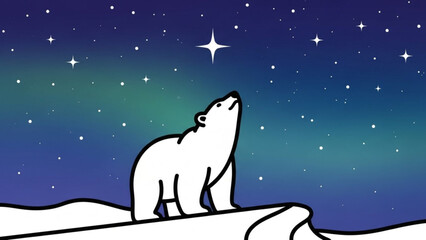 White Polar Bear Standing on Snowy Hill under Starry Night Sky with Aurora Borealis
