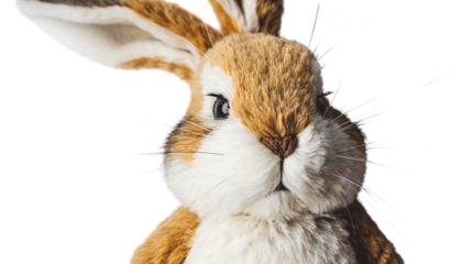 A brown and white rabbit with long ears is positioned upright against a bright white backdrop in a close up shot of the stuffed animal