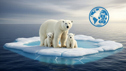 Polar Bear Family on Melting Iceberg with Earth Symbol during Climate Change