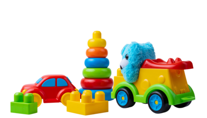 Colorful plastic toys including a ring stacker, a car, and a vehicle with a blue animal figure are displayed together
