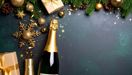 Champagne bottle and golden Christmas New Year decorations flat lay with gifts and fir branches on dark background. Festive celebration with copy space.