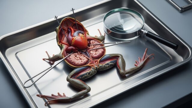 Detailed frog anatomy dissection model with tools and magnifying glass on tray