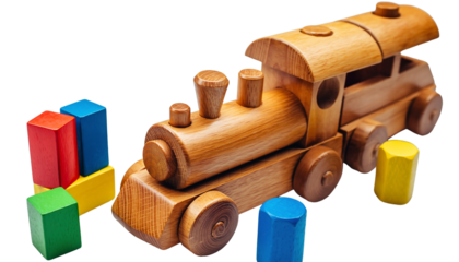 Wooden toy train with a stack of colorful blocks including yellow green blue and red cylinders on a white surface