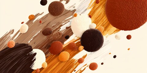 Abstract composition of colorful paint splashes and circular blobs with diagonal brush strokes