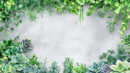 Lush Greenery and Succulents Frame a Textured Gray Backdrop for a Natural Aesthetic