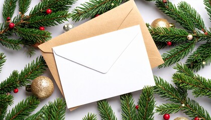Christmas Flat Lay with Blank White and Kraft Envelopes, Fir Branches, and Holiday Ornaments