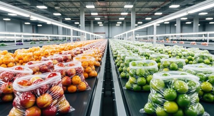 Rows of fresh fruit in plastic bags being processed on a conveyor system in a warehouse