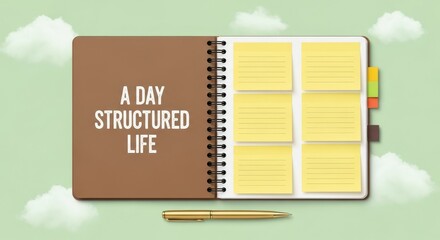 A gold pen rests on an open notebook with yellow sticky notes, illustrating a structured day plan.