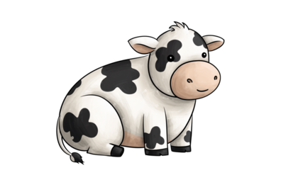 A cartoon cow with black spots is sitting down with its legs tucked underneath it on a white surface and facing towards the left side
