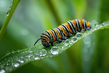Close-up photograph of a monarch caterpillar on a milkweed leaf in morning light