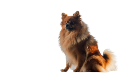 A fluffy dog with brown and tan fur is sitting and facing right in front of a plain white backdrop in a studio shot