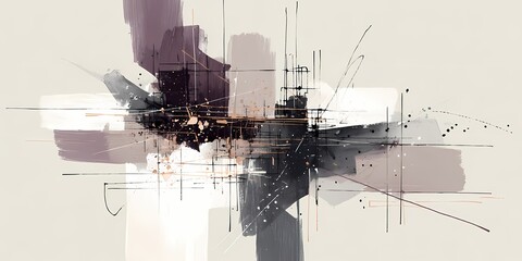 Abstract geometric composition with intersecting lines and painterly strokes