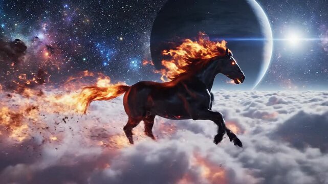 A black horse with a flaming mane and tail runs on clouds against a starry night sky with a planet and sun in the background, 4k view.