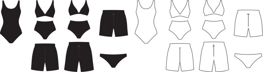 Collection of black and outline vector swimwear icons, including one-piece, bikini, and swim shorts for beach fashion isolated PNG with Transparent Background