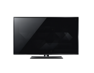 A black flat screen television is displayed on a stand with a glossy screen reflecting light in a brightly lit environment