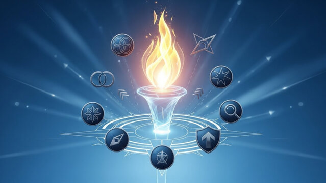 Glowing Torch with Astrological Symbols and Planets in Orbit on Blue Background