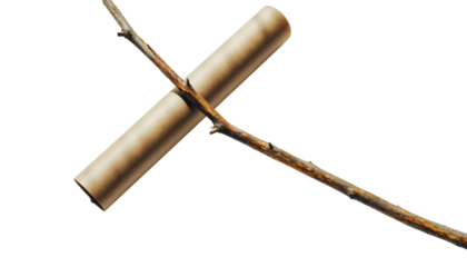 A thin brown stick goes through a light brown wooden handle against a white background  PNG