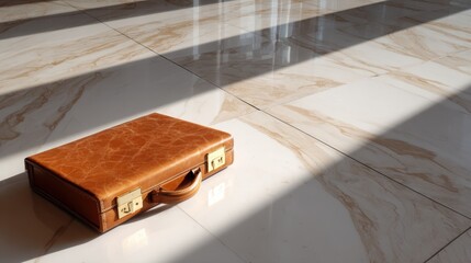 Business Briefcase in Sunlight: A timeless brown briefcase sits on a polished floor, bathed in the natural light, casting intriguing shadows and hinting at travel or the journey