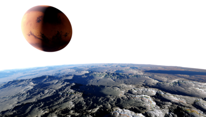 A planet with a brown and red surface is visible above a terrestrial landscape with blue and white atmospheric features on white background PNG