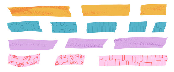 Colorful washi tape collection with decorative paper strips, sticky masking elements, and vintage scrapbook stickers for creative craft projects and journal decoration. Vector streaks grunge isolated.