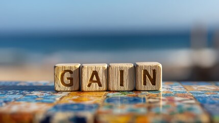 Coastal mosaic border and wooden cubes spelling GAIN symbolizing growth and business progress