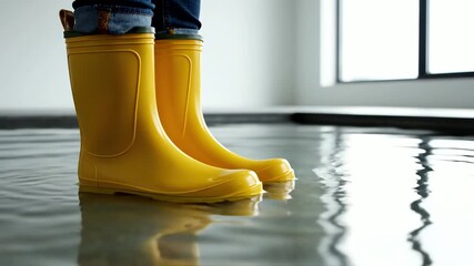 A person wearing yellow rubber boots standing in a flooded indoor area with a reflective floor and natural light