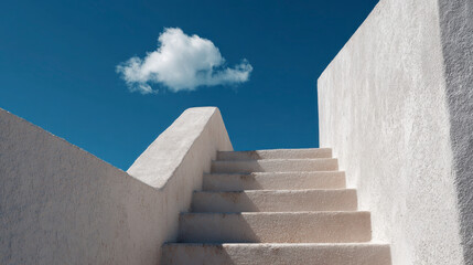 White steps lead to a bright blue sky with a single, puffy cloud above.