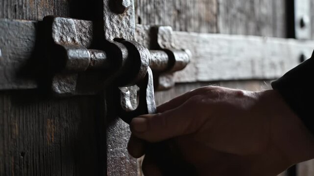 Hand locking wooden door with metal latch