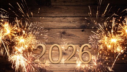 New Year 2026 celebration on rustic wooden background with golden fireworks.