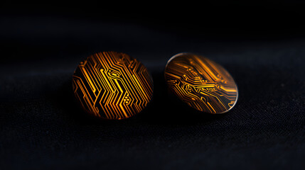 materialization. Elegant minimalist earrings with glowing embedded circuit pattern, fusion of fashion and technology. symbolizing technological progress and responsible innovation.