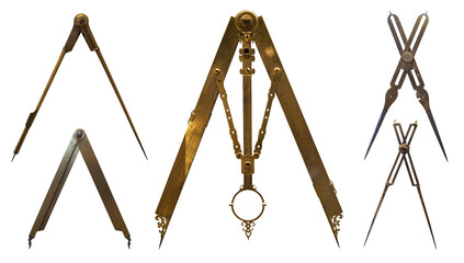 Antique drawing compasses, dividers, sector, calipers, drafting tools and proportional instruments isolated on white background. Scientific and mathematical instruments for navigation and education.