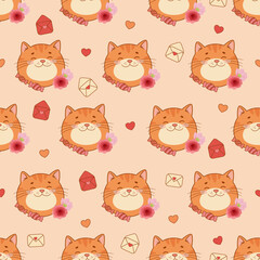 Fototapeta premium Romantic Valentine's Day seamless pattern with cute orange cats, roses, and love letters. Adorable ginger cat and red rose floral background with hearts and candies.